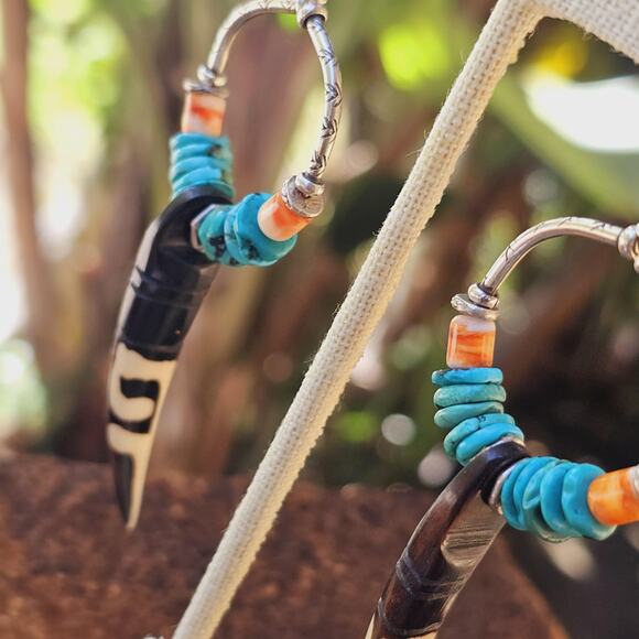 Turquoise Kenya Bone Spiny Oyster Sterling Artisan Teardrop Earrings - Picture 7 of 9